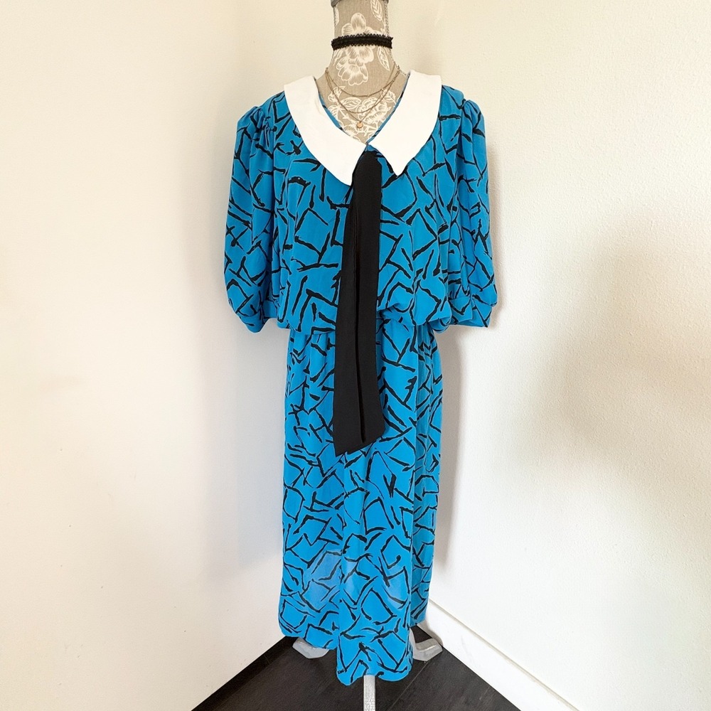 JB Too Vintage 80s Womens Size 14 Blue Abstract Print Collared Tie Dress